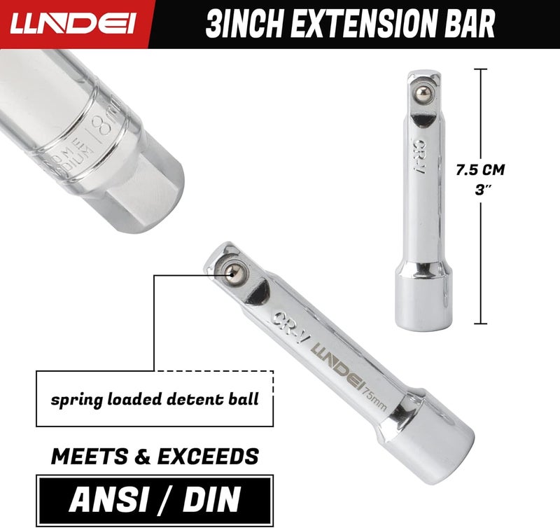LLNDEI 3/8-Inch Drive Spark Plug Socket Set 7PCS, SAE & Metric, 5/8-inch, 3/4-inch, 13/16-inch, 14mm, 18mm, CR-V Steel Mirror Finish Sockets with Rubber Retaining Rings, Universal Joint, Extension Bar - Image 5